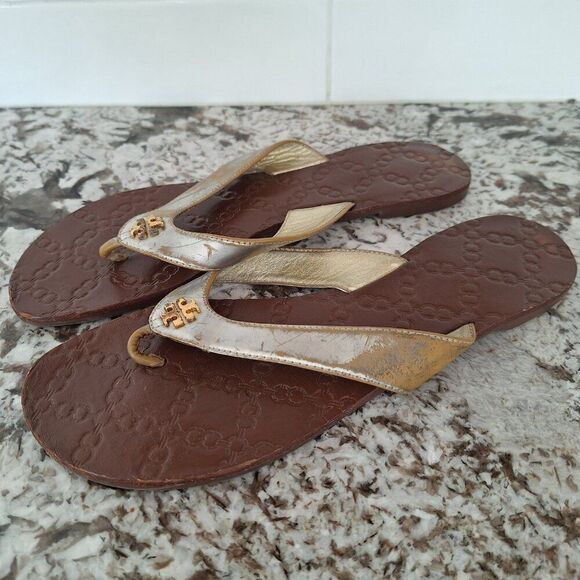 Tory Burch Thora‎ Flip Flop Sandals in Brown silver size 10 - Picture 6 of 9